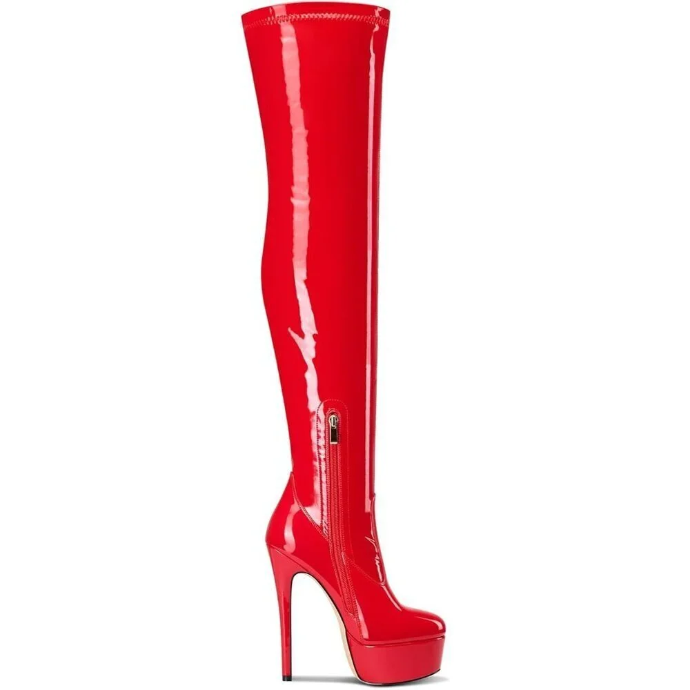 Womens Red Over The Knee Patent Leather Thigh High Zipper 5.9In High Heel Boots